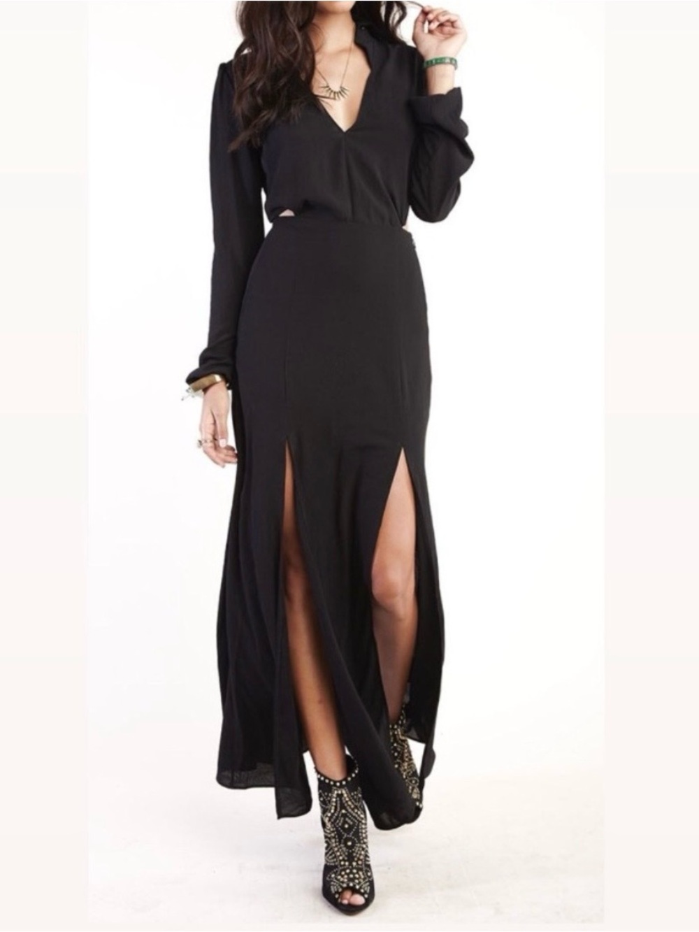 Reformation Long Puffy Sleeve Flora Back Cutout Double Slit Maxi Dress